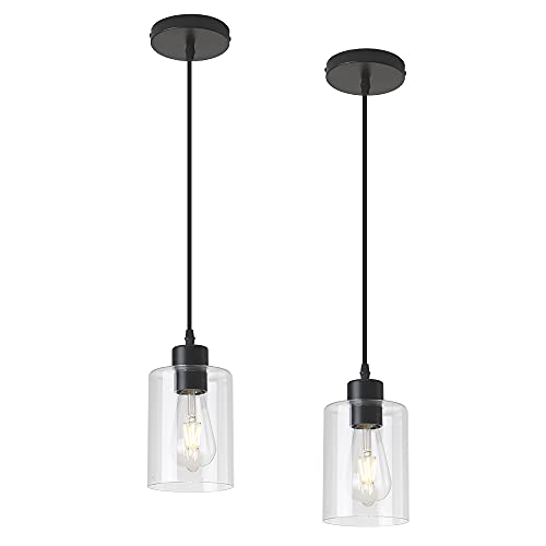 Clear glass cylinder pendant light 2-pack for kitchen island decor