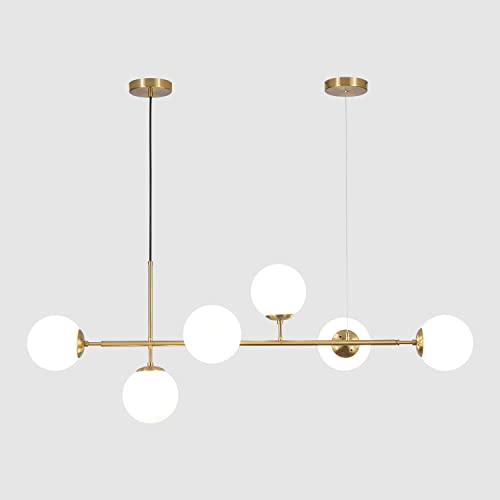 Milk Glass Globe Linear Chandelier, Brass Sputnik for Kitchen Decor