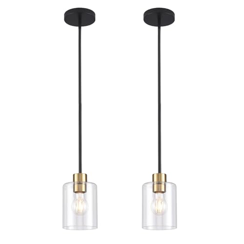 Black Brass Clear Glass Pendant Light Fixture Duo for Kitchen Decor