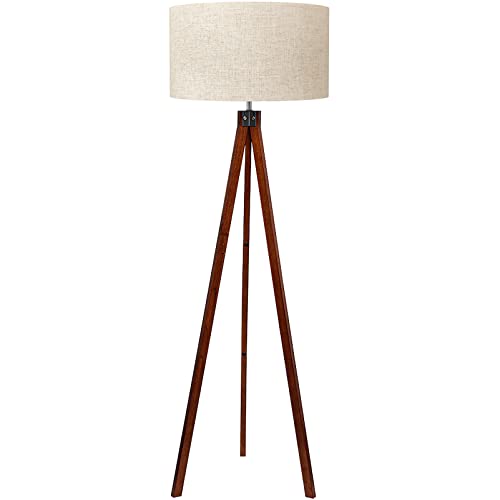 Mid-century wood tripod floor lamp with flaxen linen shade and E26 base