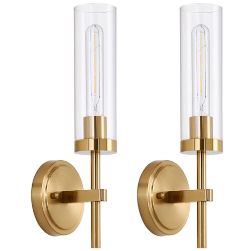 Set of 2 brushed brass hardwired wall sconces for mirror and hallway decor