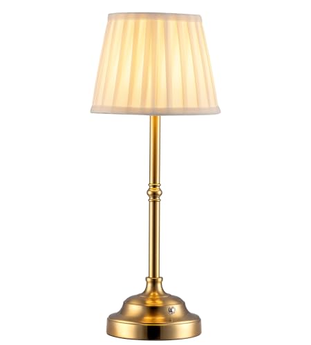 Cordless fabric shade table lamp, dimmable rechargeable, gold