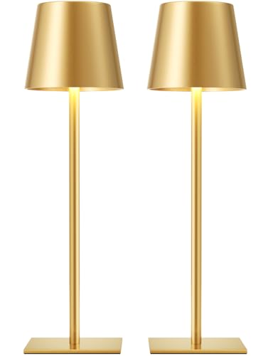 Cordless rechargeable table lamp set of 2 with touch dimming, gold
