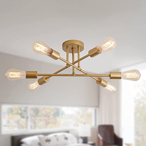 Gold Sputnik 6-Light Semi Flush Mount Ceiling Fixture for Decor