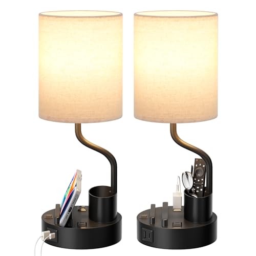 Bedside table lamp set with AC outlet and USB charging ports