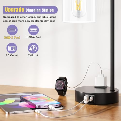 Industrial Touch Bedside Lamp Set of 2 with USB Charging Ports, 3-Way Dimmable