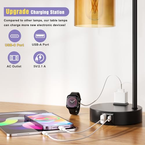Industrial touch table lamp set of 2 with USB charging, amber glass