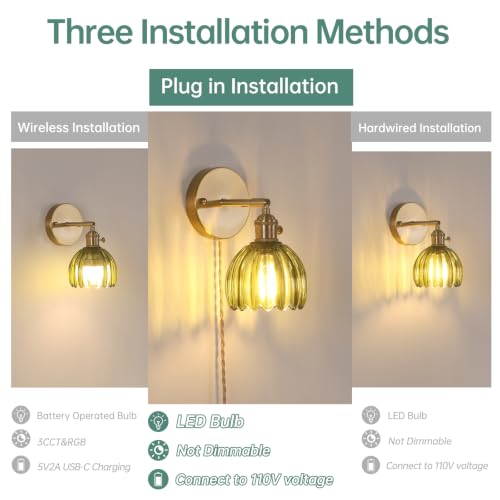 Plug-in wall sconce with green tulip glass shade for home decor, 2-pack