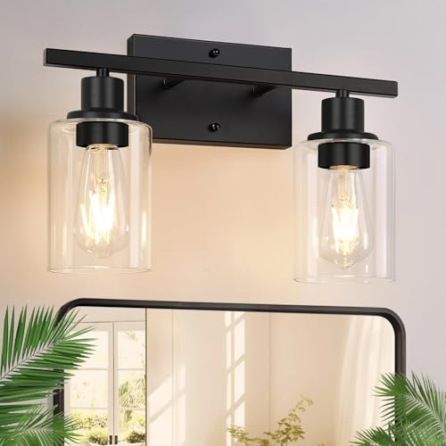 Matte black 2-light vanity fixture, modern bathroom decor