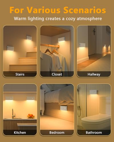 Wireless motion sensor night light 8-pack, rechargeable warm white stair lights