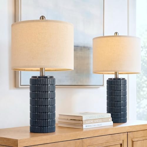 Blue ceramic farmhouse table lamp set for bedroom nightstands