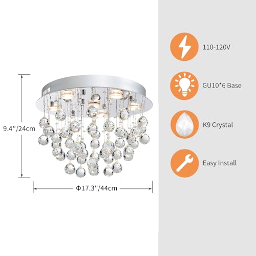 K9 Crystal 6-Light Flush Mount Raindrop Chandelier for Decor