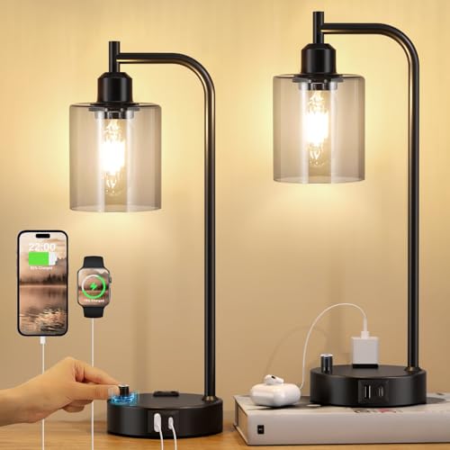 Industrial desk lamp set of 2 with USB ports and glass shade