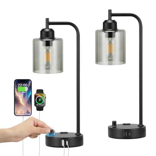 Industrial desk lamp set of 2 with USB ports and glass shade