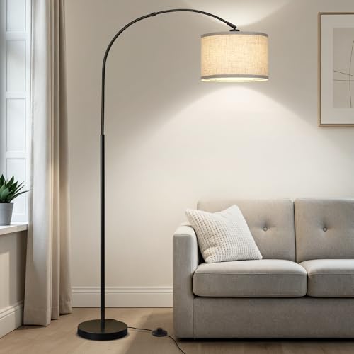 Arc floor lamp with adjustable drum shade for reading nooks