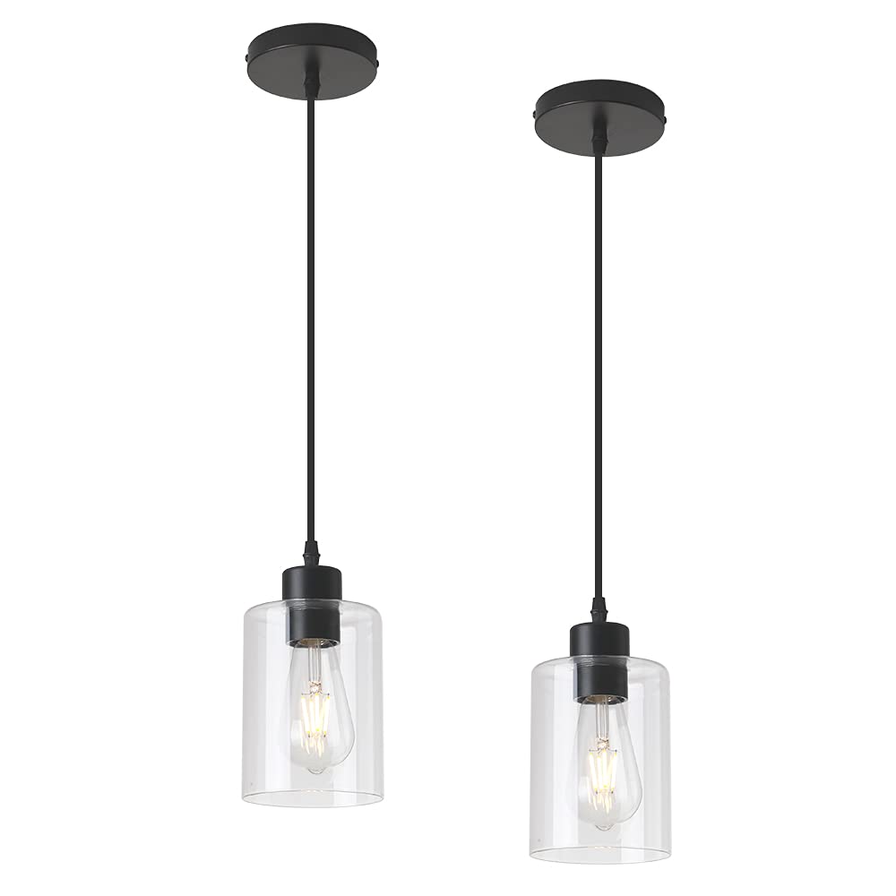 Clear glass cylinder pendant light 2-pack for kitchen island decor