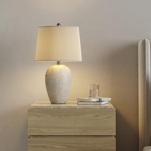 23-inch rustic ceramic jar table lamp with ivory shade, cream beige