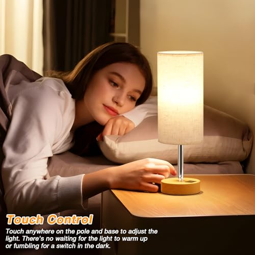 Wood Touch Bedside Lamp with USB Charging Station, 3-Way Dimmable, 14-Inch