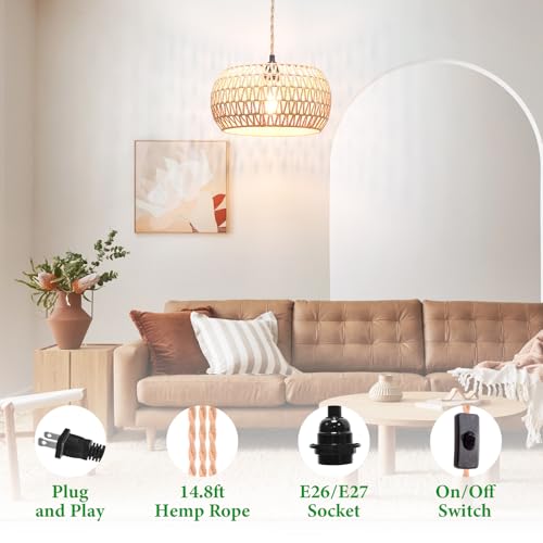 Rattan Woven Shade Plug-In Pendant Light for Farmhouse Decor