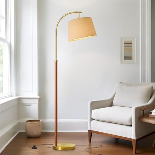 62.5-inch wood arc floor lamp with foot switch, mid-century gold