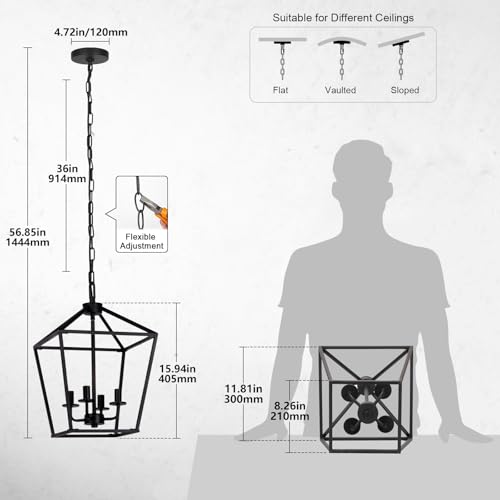 Black 4-Light Cage Lantern Chandelier, Farmhouse Decor for Entryway