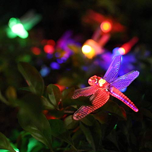 Solar-powered outdoor string lights with dragonfly design and 8 light modes