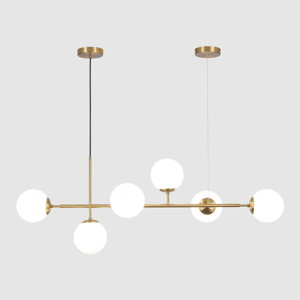 Milk Glass Globe Linear Chandelier, Brass Sputnik for Kitchen Decor