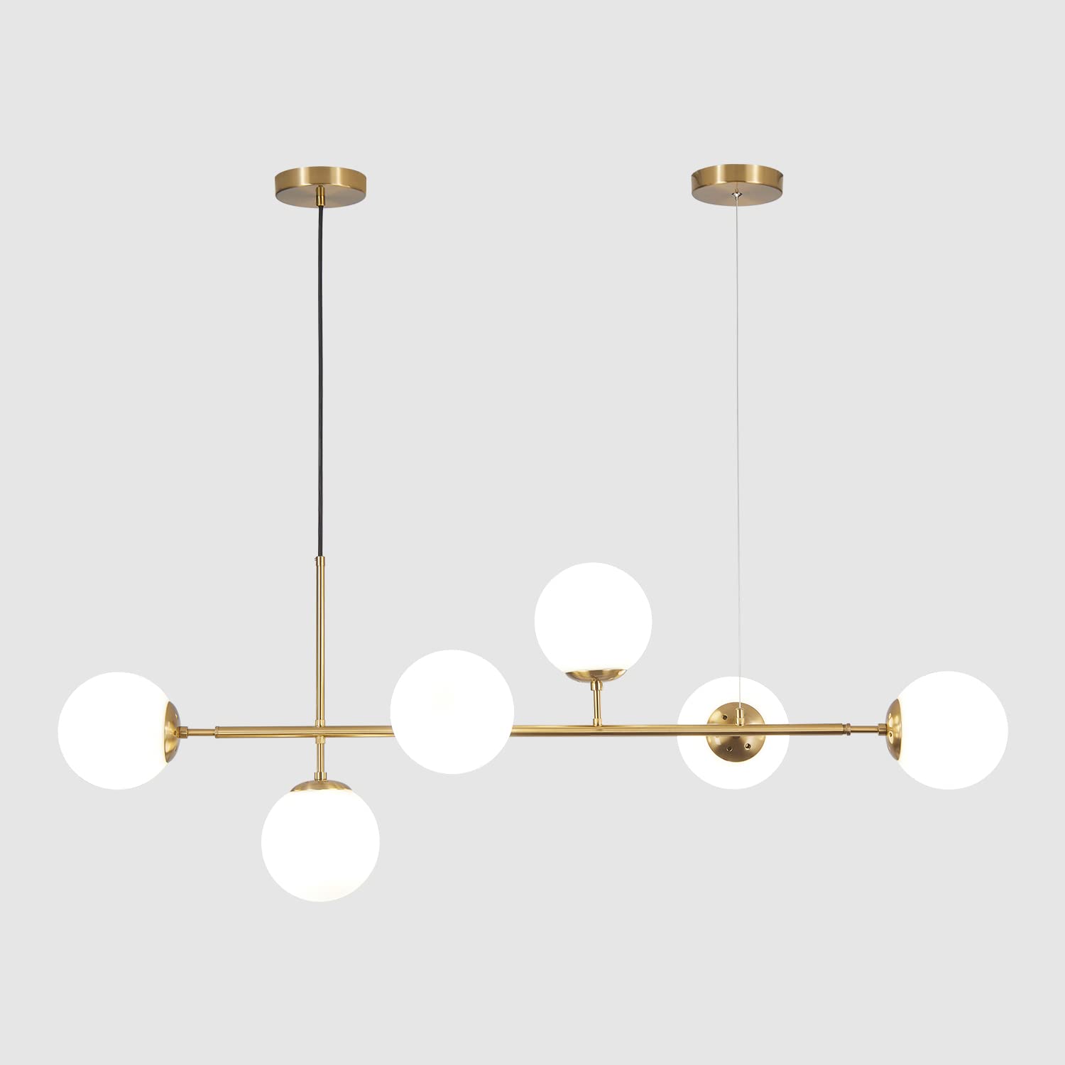 Milk Glass Globe Linear Chandelier, Brass Sputnik for Kitchen Decor