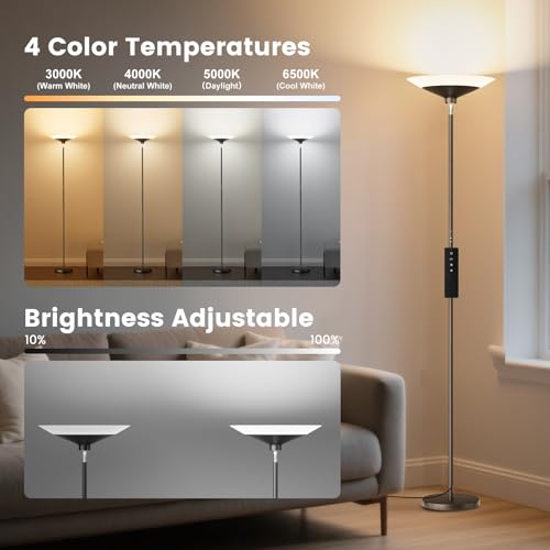 72-inch torchiere floor lamp with dimmable 3000-6500K LED and remote control