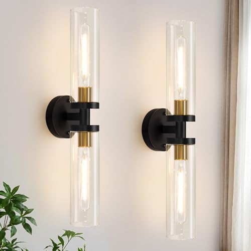 Set of 2 black and gold hardwired wall sconces for bathroom mirror decor