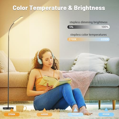 Dimmable standing floor lamp with remote control and 2700K-6500K color range