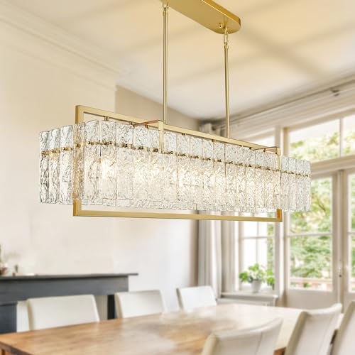 Gold Crystal Rectangular Chandelier, Water Ripple Glass for Decor