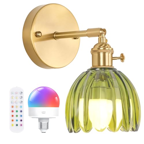 Vintage rechargeable wall sconce with green tulip glass shade for bedroom decor
