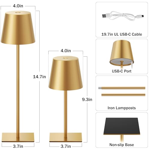 Cordless rechargeable table lamp set of 2 with touch dimming, gold