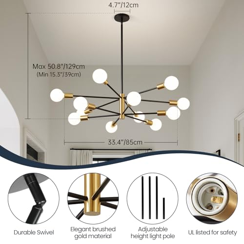 Gold and black 12-light sputnik chandelier for dining room decor
