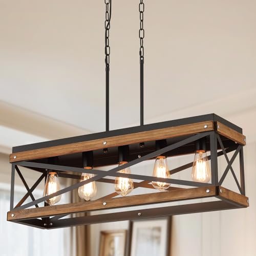 Oak Wood 5-Light Rectangular Farmhouse Pendant for Kitchen Decor