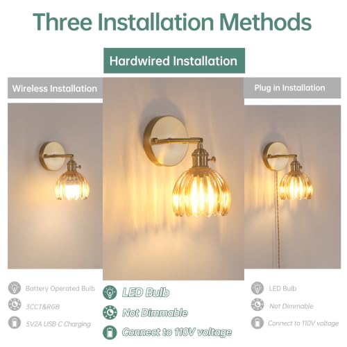 Adjustable brass wall sconce set with amber glass for home decor