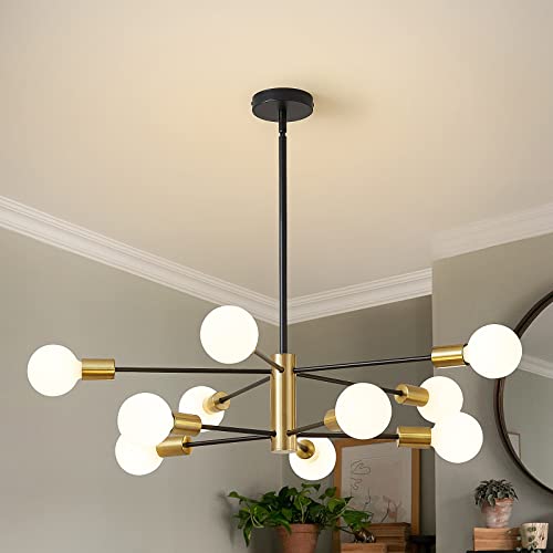 Black and Gold 10-Light Sputnik Farmhouse Chandelier for Home Decor