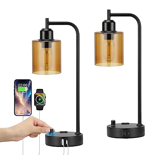 Industrial nightstand lamp set of 2 with amber glass shade