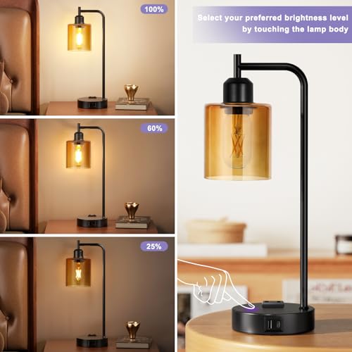 Industrial touch table lamp set of 2 with USB charging, amber glass