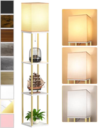Corner floor lamp with shelves and linen shade for living room