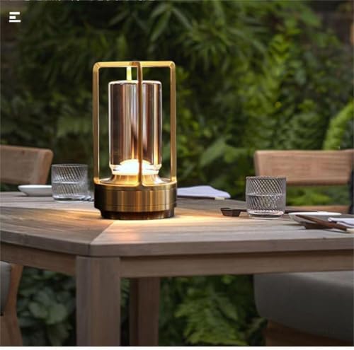 Portable rechargeable metal table lamp for indoor outdoor use, gold