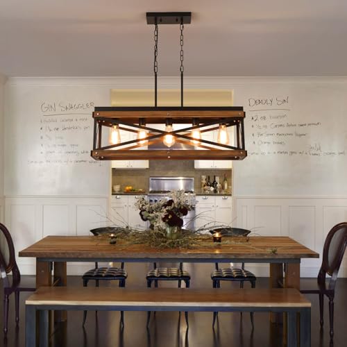 Oak Wood 5-Light Rectangular Farmhouse Pendant for Kitchen Decor