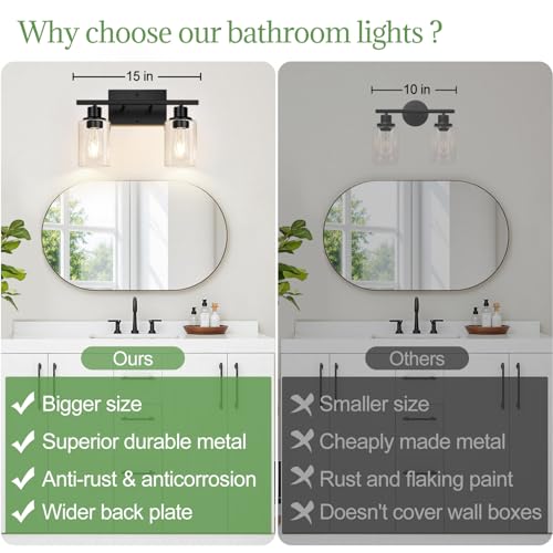 Matte black 2-light vanity fixture, modern bathroom decor