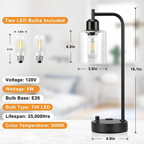 Industrial Nightstand Lamp Set of 2 with USB-A & USB-C Charging Ports