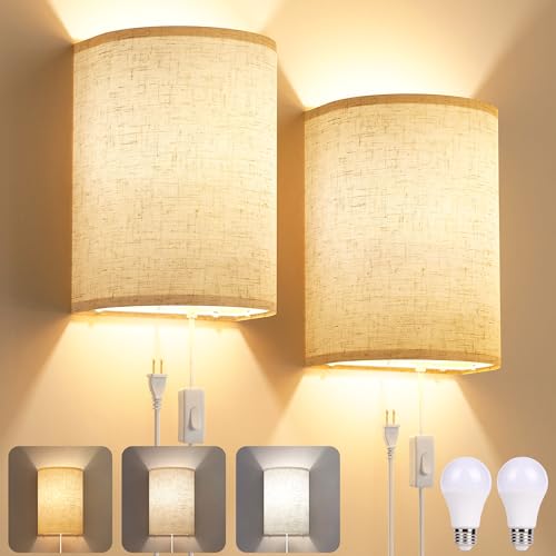 Plug-in linen wall sconce set of 2 for home decor