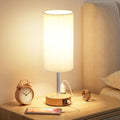 Touch control bedside table lamp with dual USB charging ports, wood