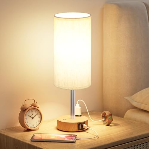 Touch control bedside table lamp with dual USB charging ports, wood