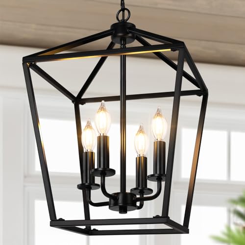 Black Farmhouse 4-Light Cage Lantern Chandelier for Kitchen Decor