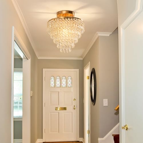 Gold Crystal 5-Tier Flush Mount Chandelier for Bedroom Decor